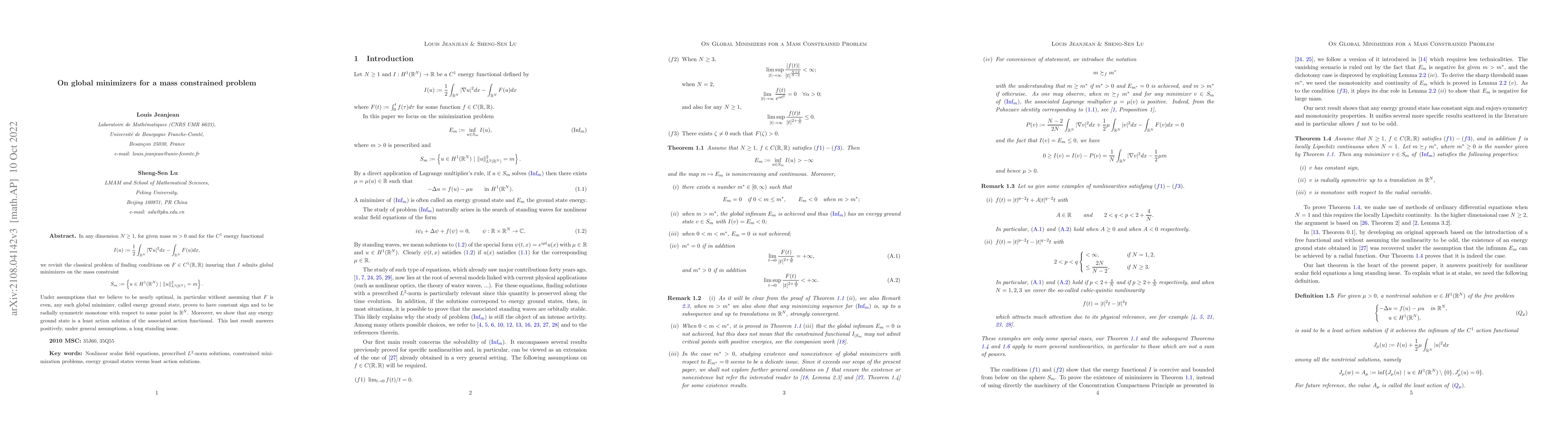 Thumbnail for On global minimizers for a mass constrained problem