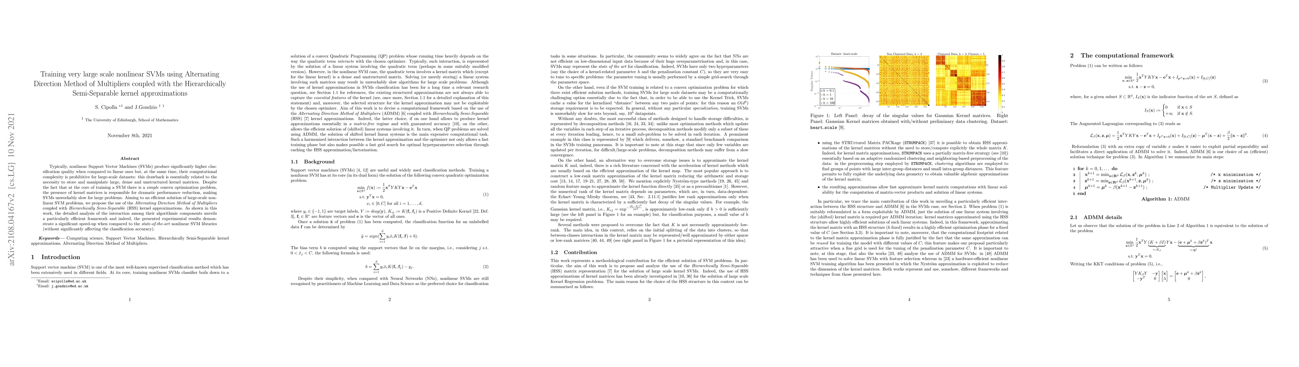 Thumbnail for Training very large scale nonlinear SVMs using Alternating Direction
  Method of Multipliers coupled with the Hierarchically Semi-Separable kernel
  approximations