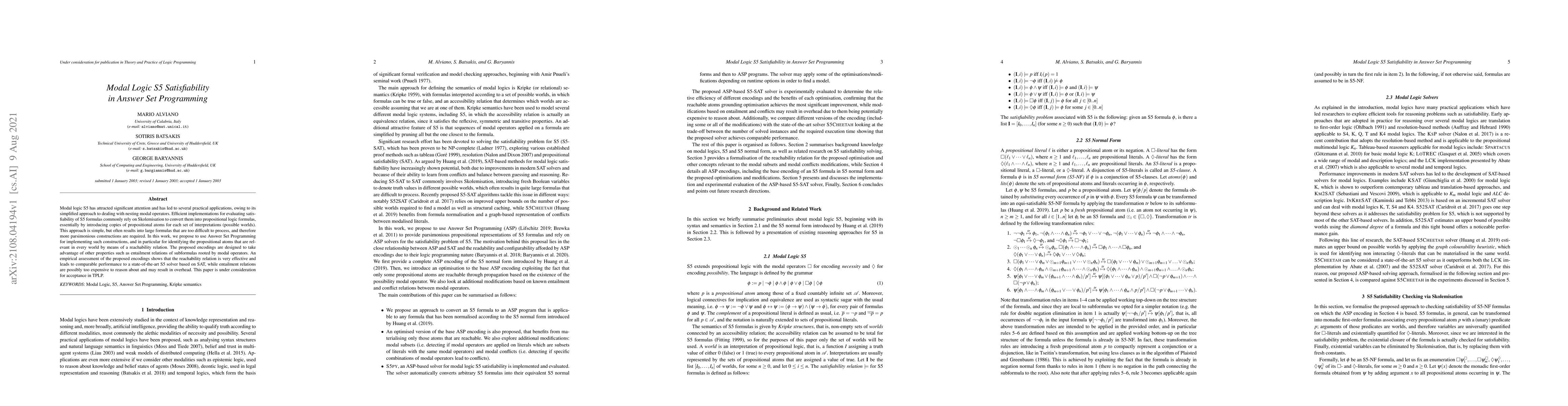 Thumbnail for Modal Logic S5 Satisfiability in Answer Set Programming