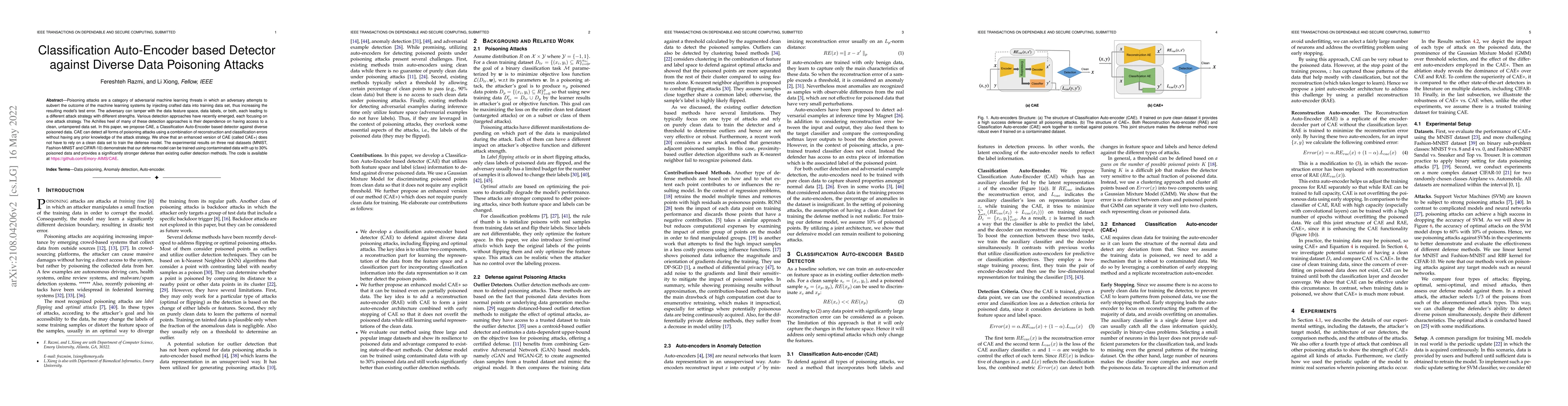 Thumbnail for Classification Auto-Encoder based Detector against Diverse Data
  Poisoning Attacks