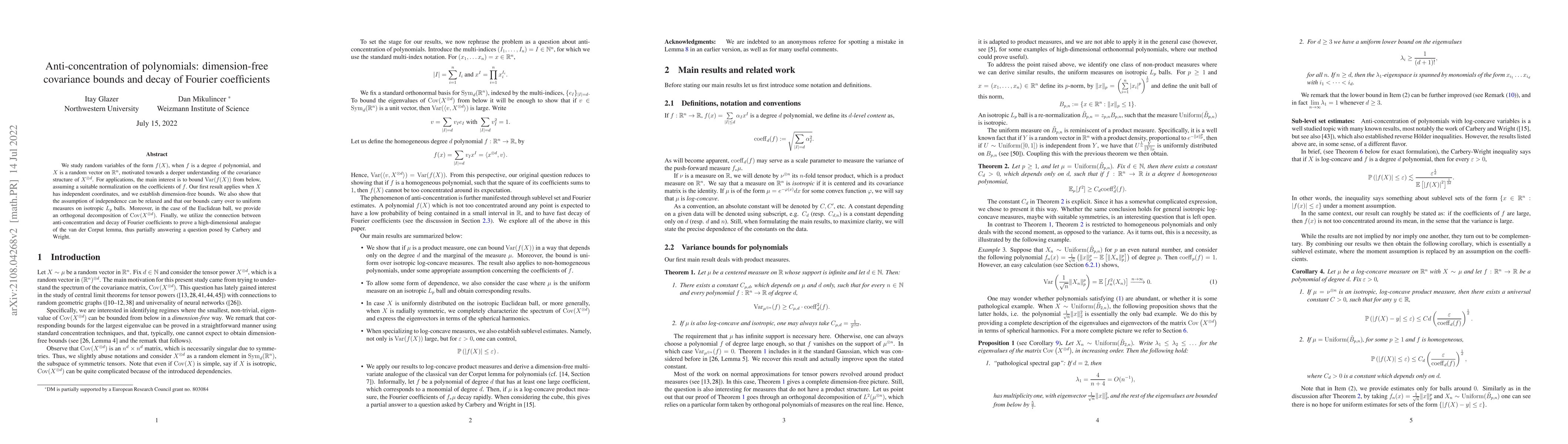 Thumbnail for Anti-concentration of polynomials: dimension-free covariance bounds and
  decay of Fourier coefficients