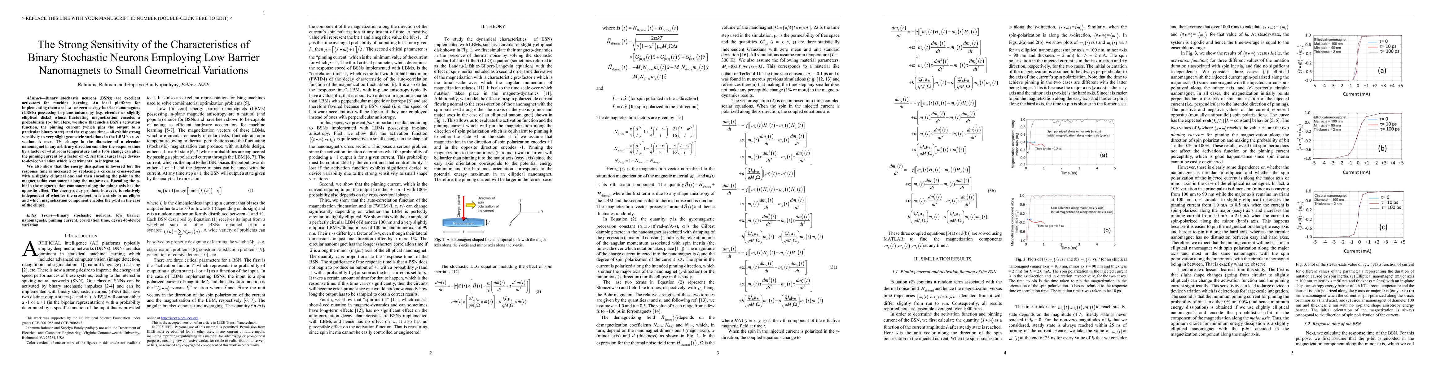 Thumbnail for The Strong Sensitivity of the Characteristics of Binary Stochastic
  Neurons Employing Low Barrier Nanomagnets to Small Geometrical Variations
