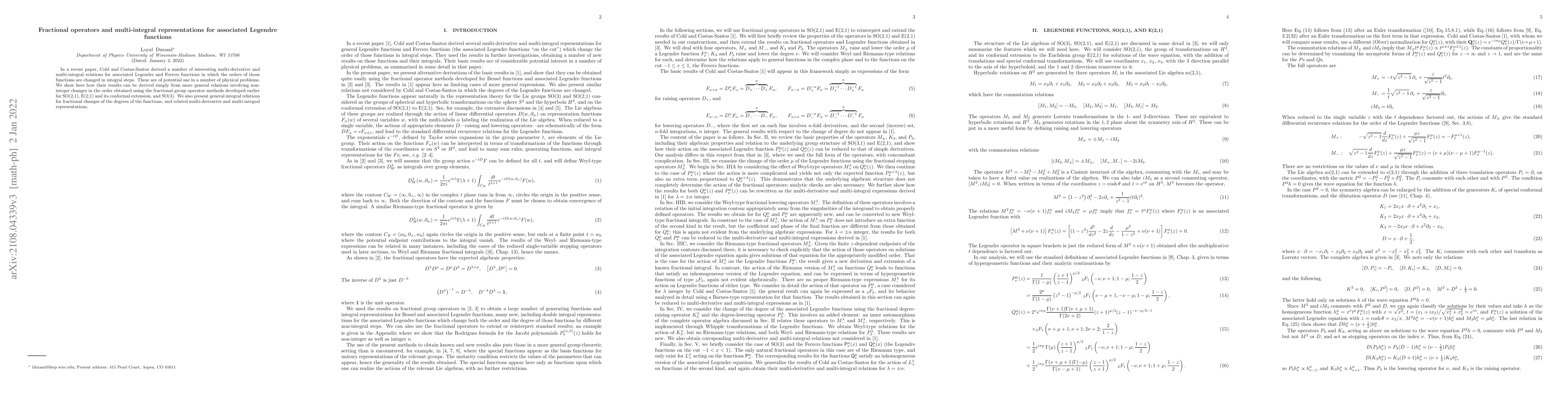 Thumbnail for Fractional operators and multi-integral representations for associated
  Legendre functions