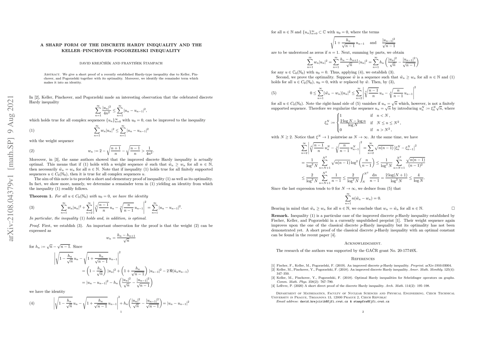 Thumbnail for A sharp form of the discrete Hardy inequality and the
  Keller-Pinchover-Pogorzelski inequality