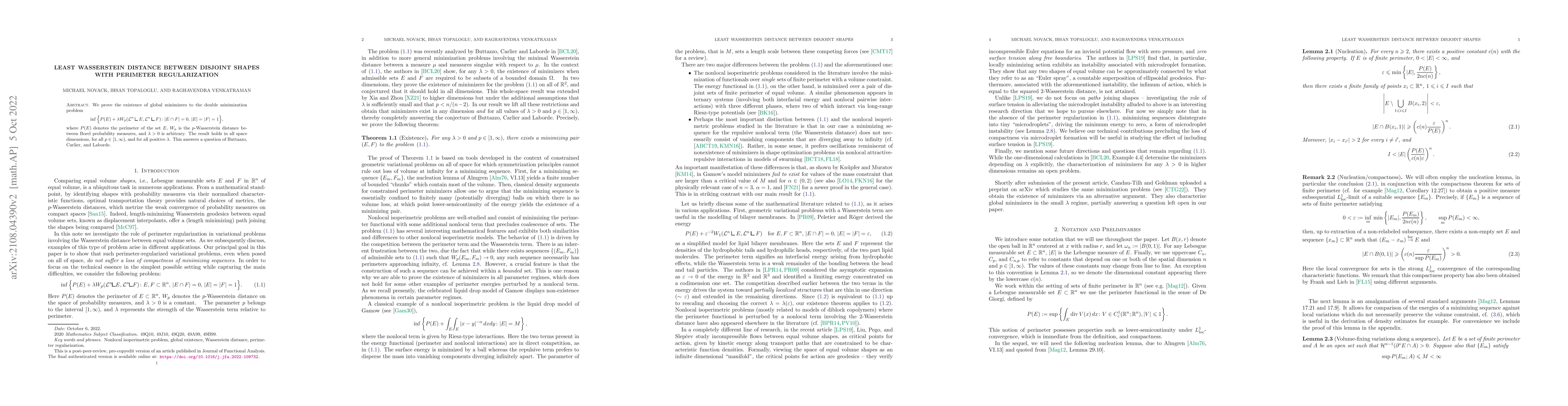 Thumbnail for Least Wasserstein distance between disjoint shapes with perimeter
  regularization
