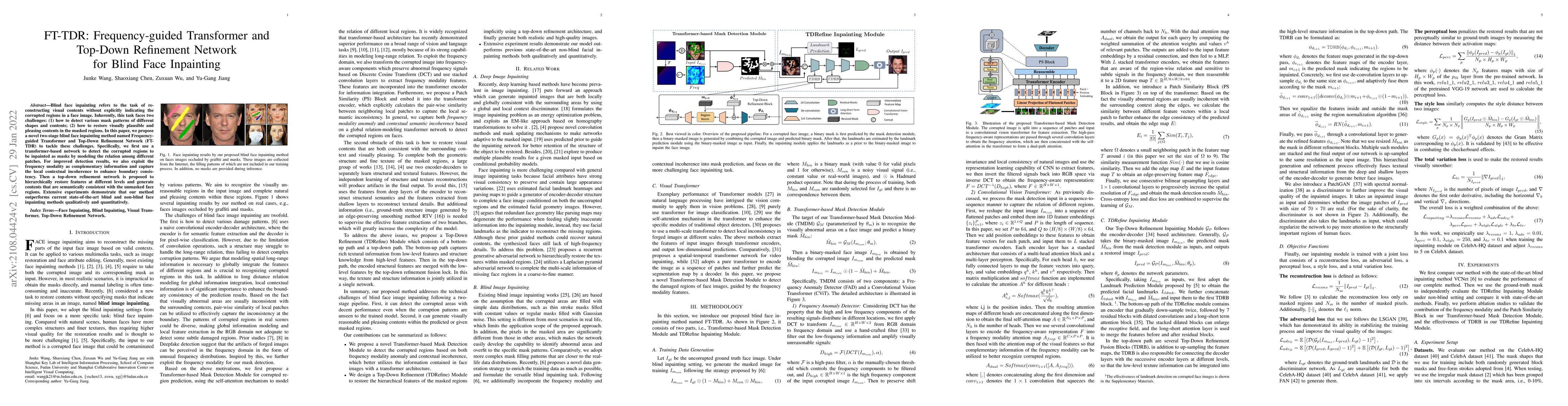 Thumbnail for FT-TDR: Frequency-guided Transformer and Top-Down Refinement Network for
  Blind Face Inpainting