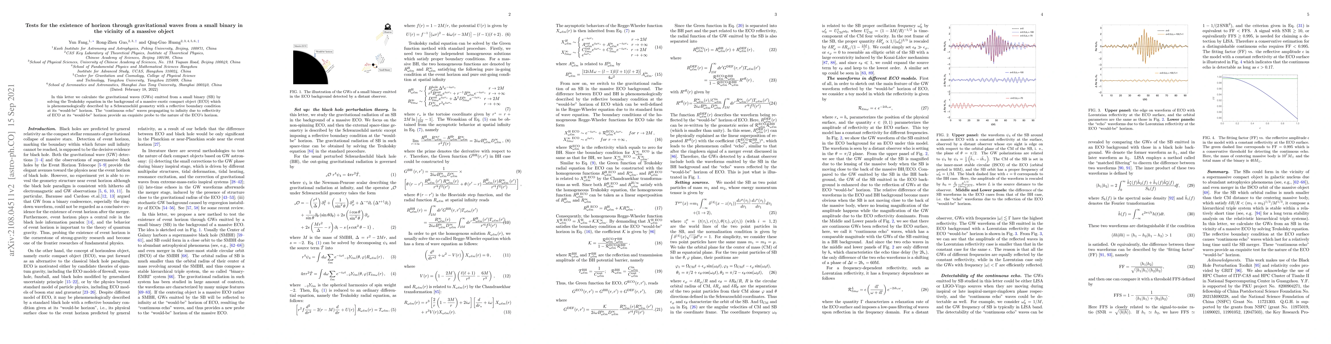 Thumbnail for Tests for the existence of horizon through gravitational waves from a
  small binary in the vicinity of a massive object