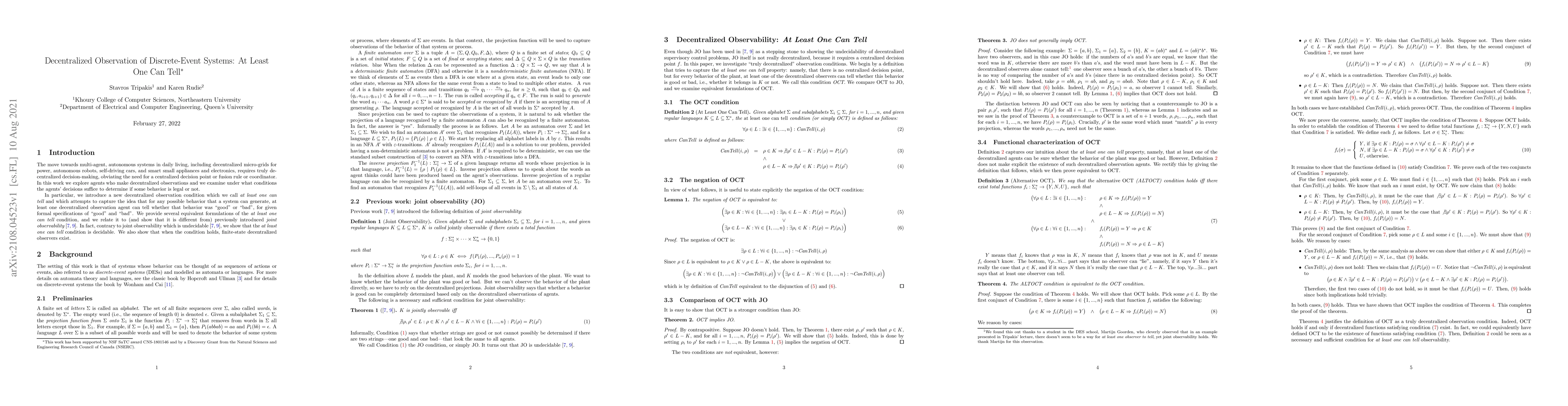 Thumbnail for Decentralized Observation of Discrete-Event Systems: At Least One Can
  Tell