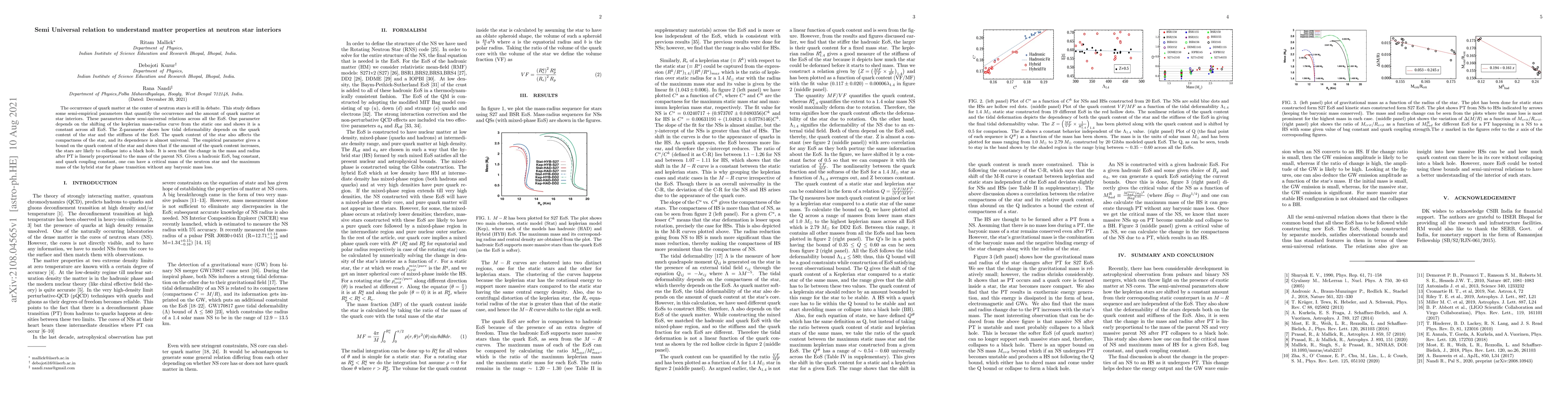 Thumbnail for Semi Universal relation to understand matter properties at neutron star
  interiors
