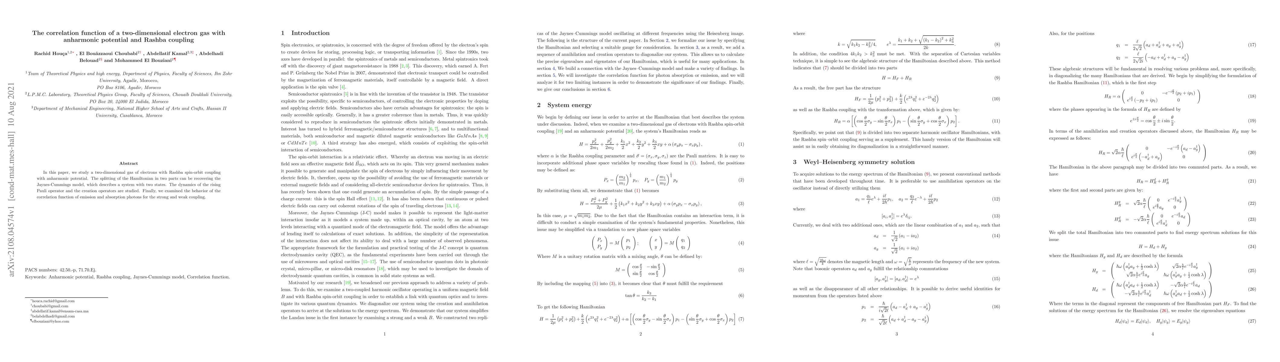 Thumbnail for The correlation function of a two-dimensional electron gas with
  anharmonic potential and Rashba coupling