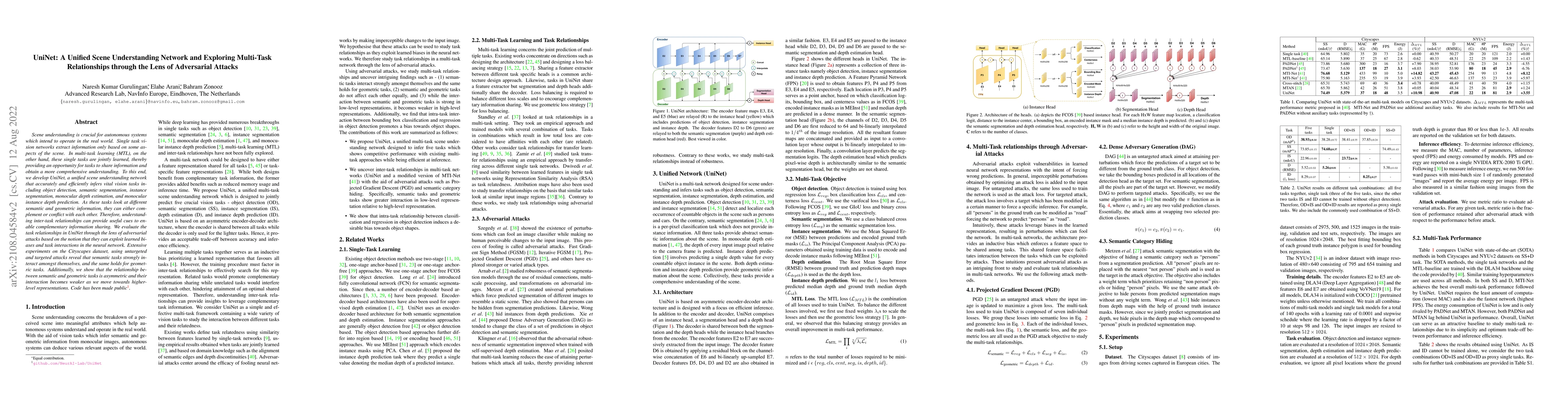 Thumbnail for UniNet: A Unified Scene Understanding Network and Exploring Multi-Task
  Relationships through the Lens of Adversarial Attacks