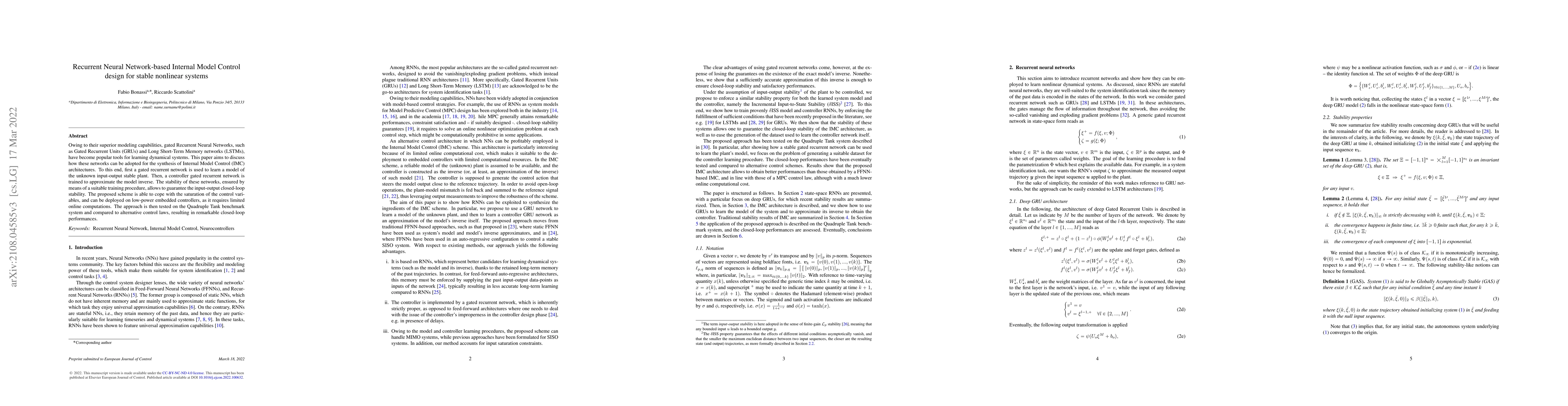 Thumbnail for Recurrent Neural Network-based Internal Model Control design for stable
  nonlinear systems
