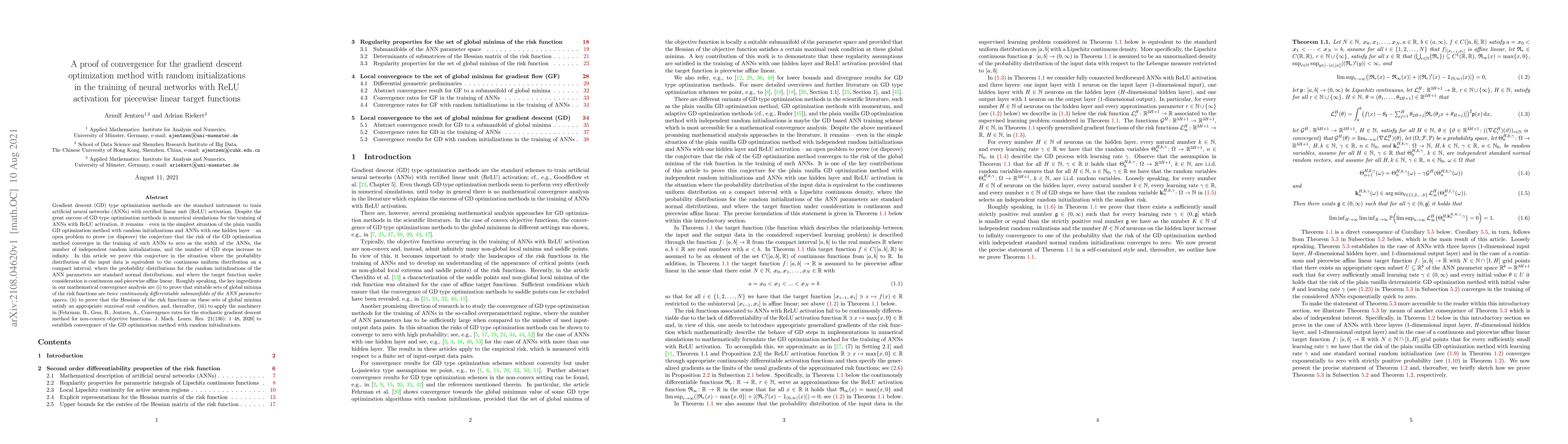 Thumbnail for A proof of convergence for the gradient descent optimization method with
  random initializations in the training of neural networks with ReLU
  activation for piecewise linear target functions