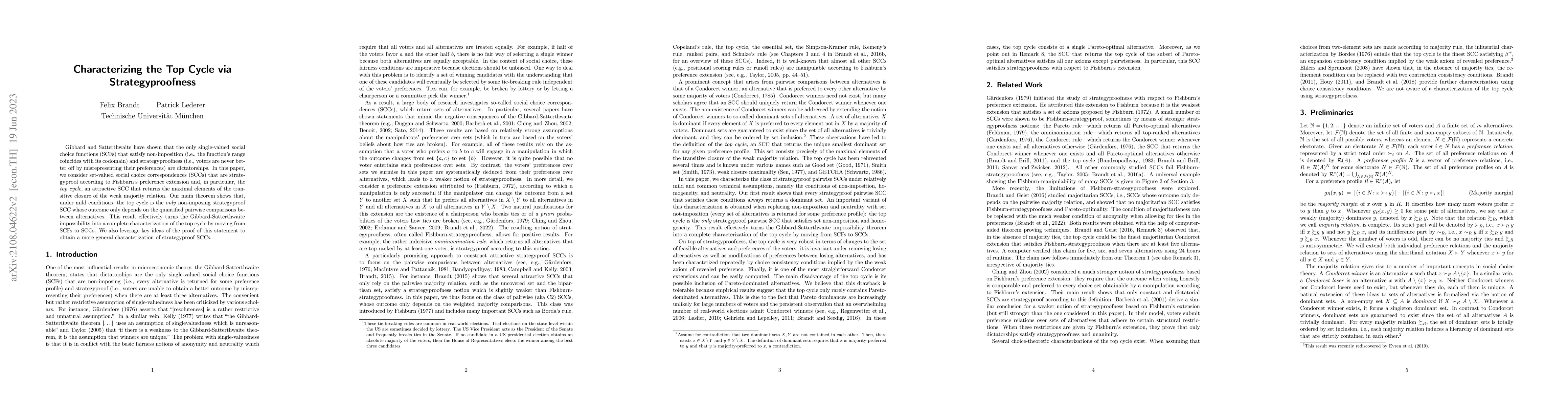 Thumbnail for Characterizing the Top Cycle via Strategyproofness