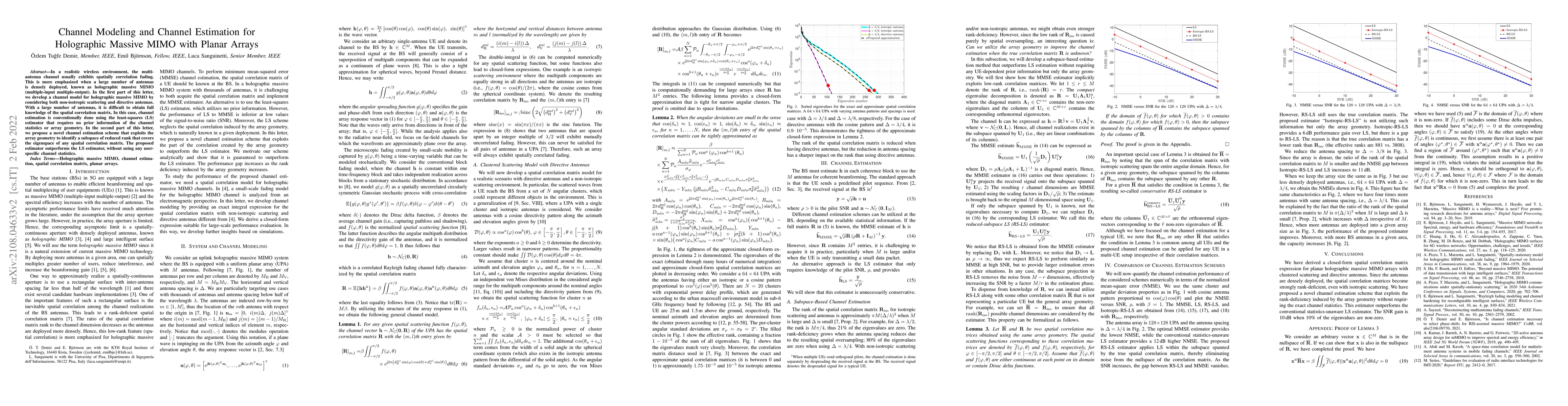 Thumbnail for Channel Modeling and Channel Estimation for Holographic Massive MIMO
  with Planar Arrays