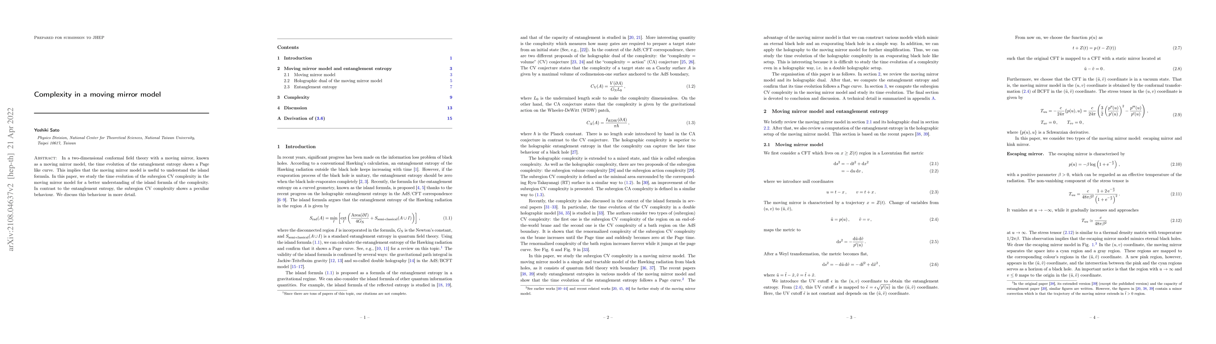 Thumbnail for Complexity in a moving mirror model