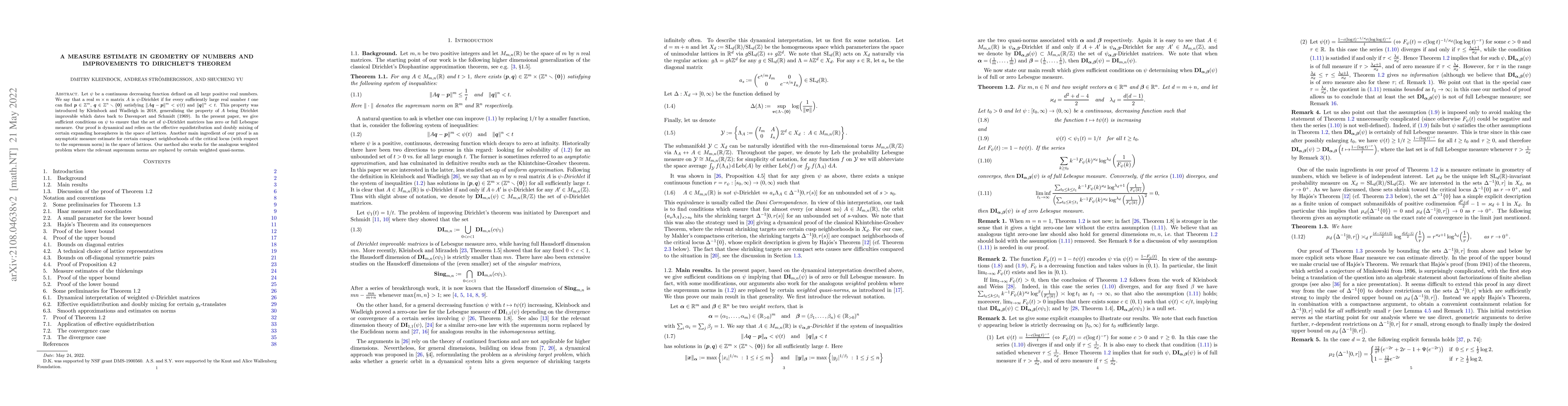 Thumbnail for A measure estimate in geometry of numbers and improvements to
  Dirichlet's theorem