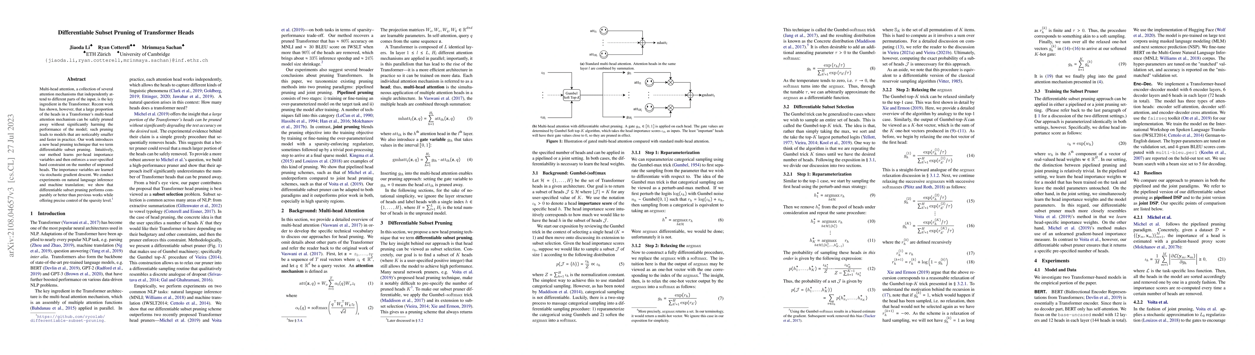 Thumbnail for Differentiable Subset Pruning of Transformer Heads