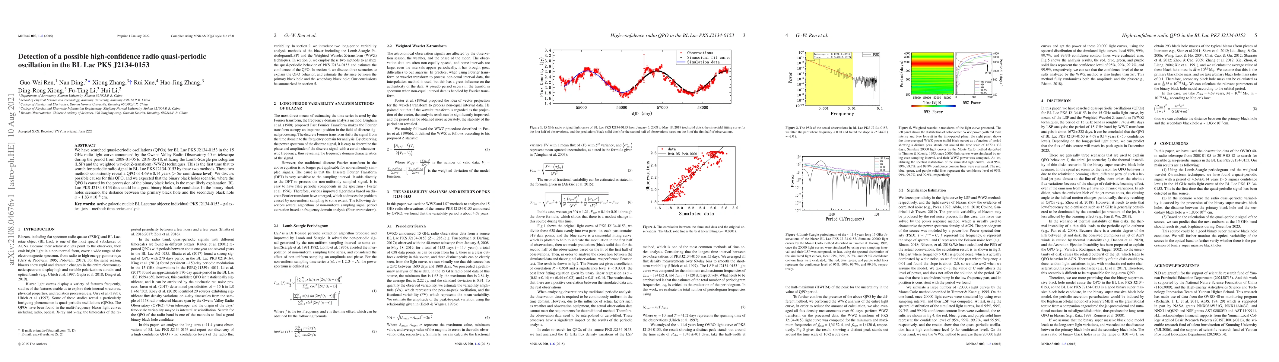 Thumbnail for Detection of a possible high-confidence radio quasi-periodic oscillation
  in the BL Lac PKS J2134-0153