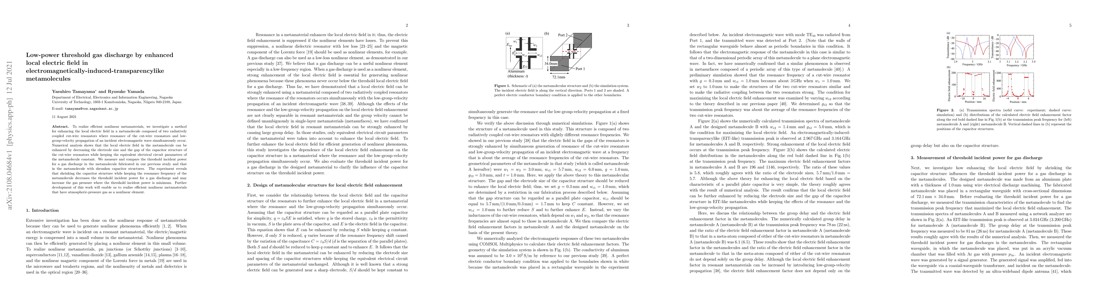 Thumbnail for Low-power threshold gas discharge by enhanced local electric field in
  electromagnetically-induced-transparencylike metamolecules
