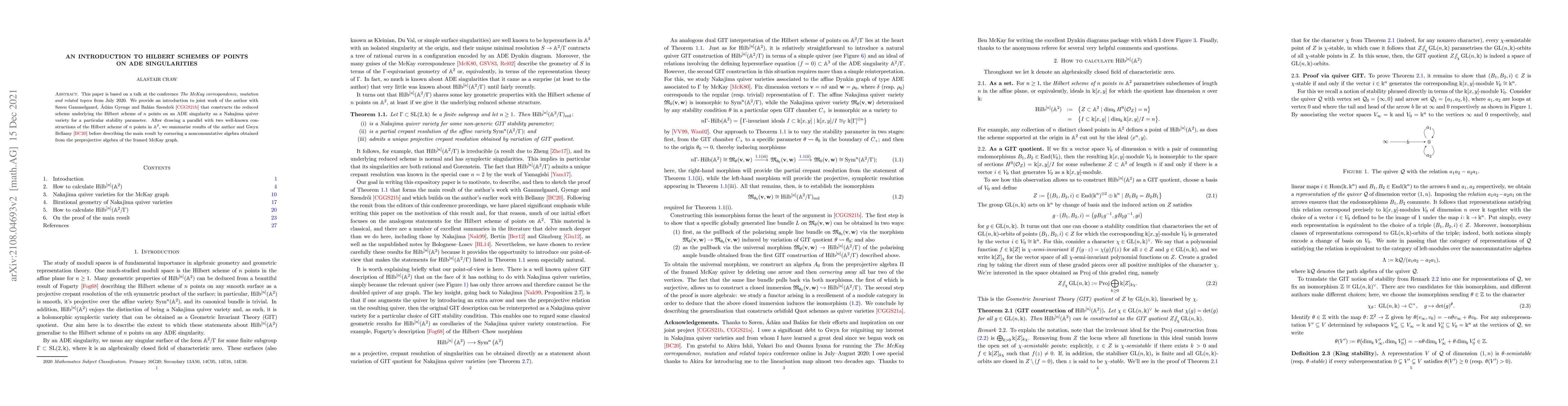 Thumbnail for An introduction to Hilbert schemes of points on ADE singularities