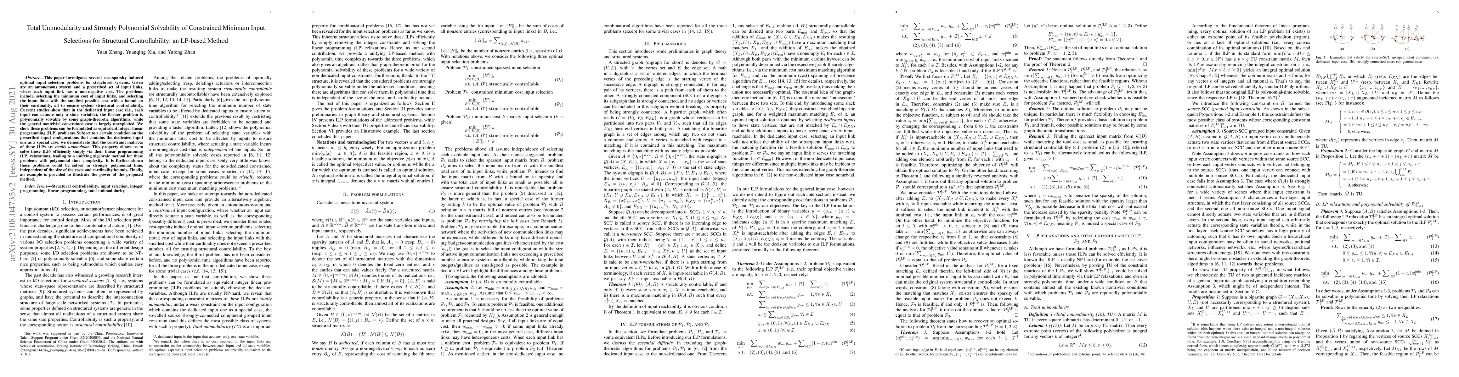 Thumbnail for Total Unimodularity and Strongly Polynomial Solvability of Constrained
  Minimum Input Selections for Structural Controllability: an LP-based Method