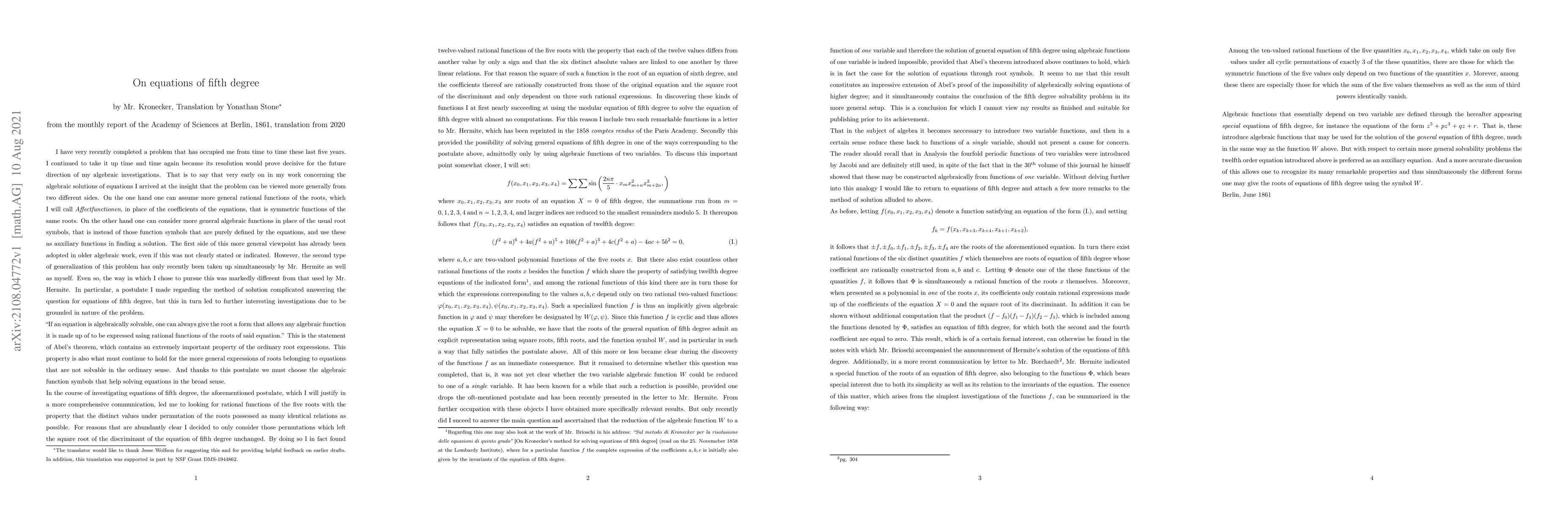 Thumbnail for Leopold Kronecker's "On Equations of Fifth Degree"