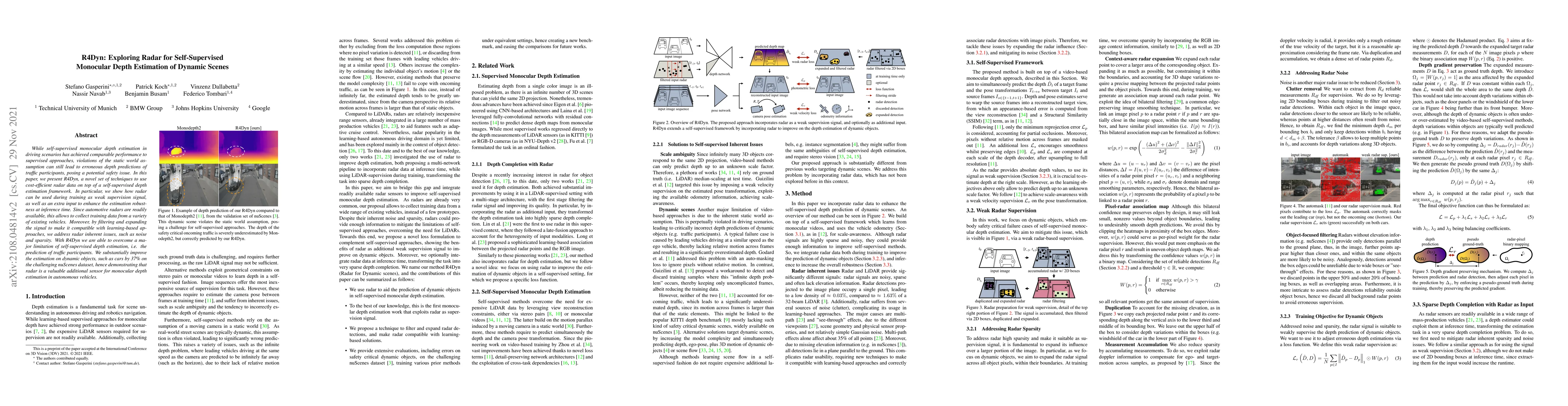 Thumbnail for R4Dyn: Exploring Radar for Self-Supervised Monocular Depth Estimation of
  Dynamic Scenes