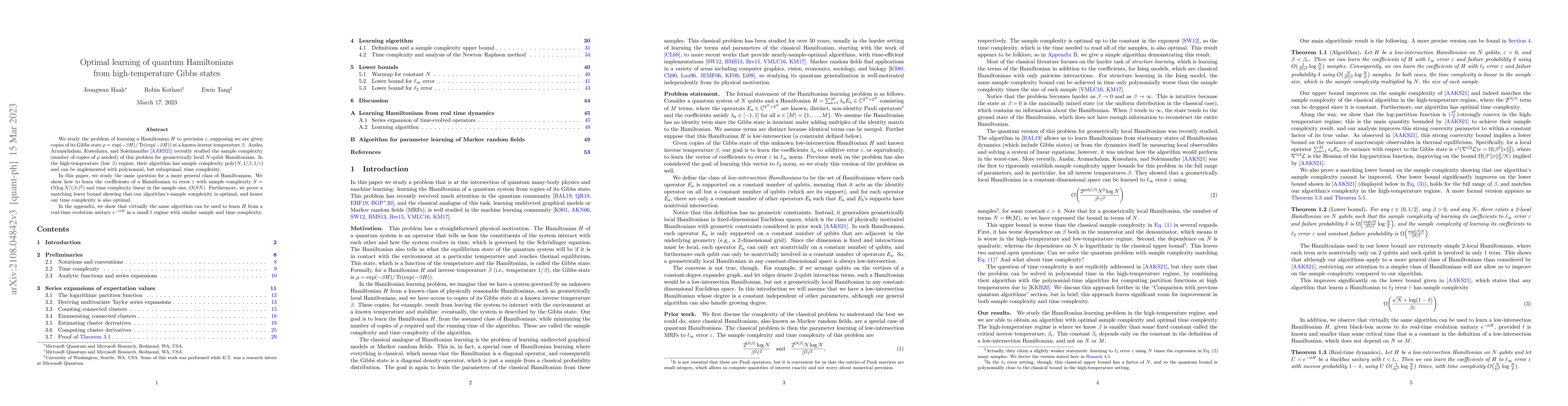 Thumbnail for Optimal learning of quantum Hamiltonians from high-temperature Gibbs
  states