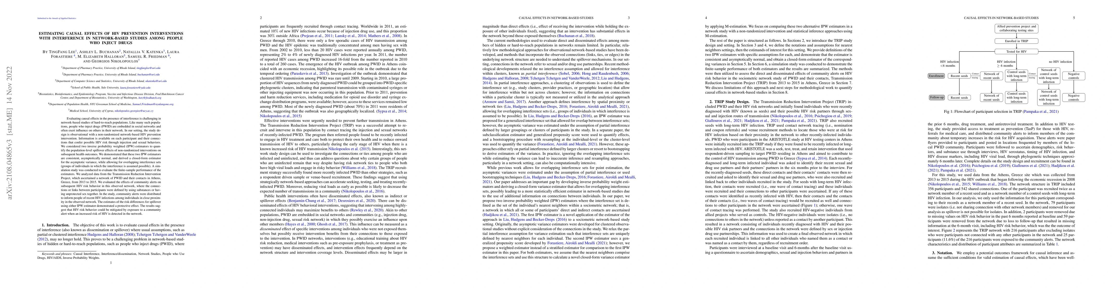 Thumbnail for Estimating Causal Effects of HIV Prevention Interventions with
  Interference in Network-based Studies among People Who Inject Drugs