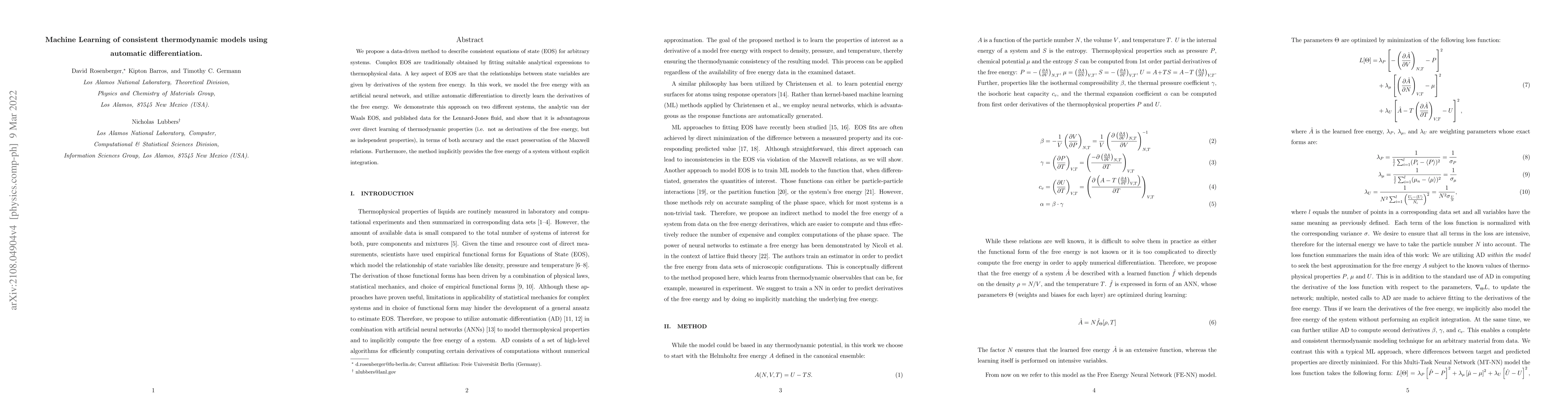 Thumbnail for Machine Learning of consistent thermodynamic models using automatic
  differentiation