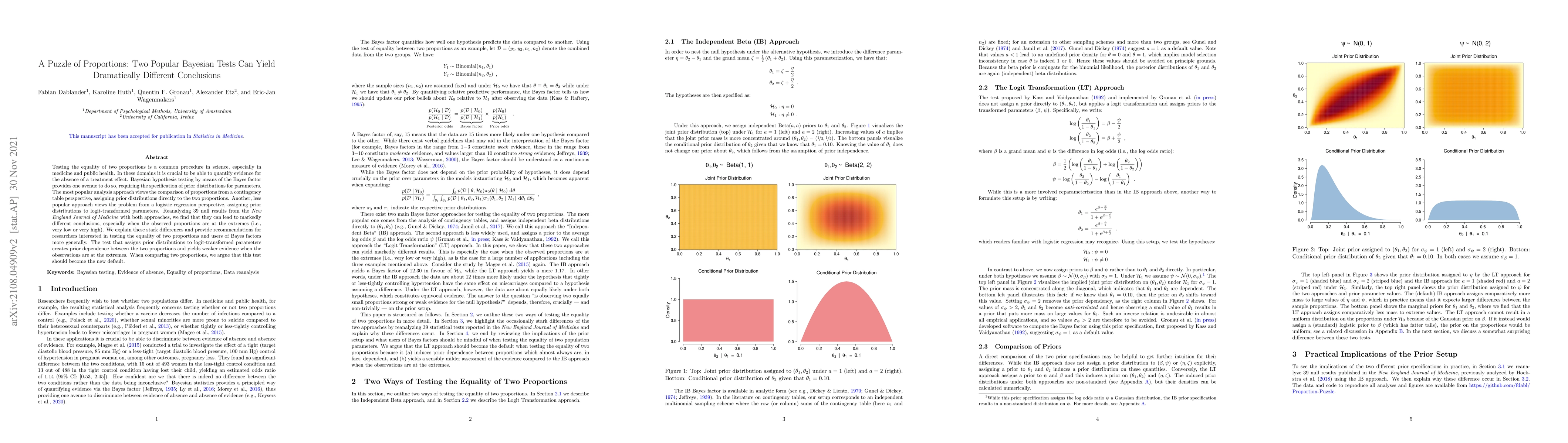 Thumbnail for A Puzzle of Proportions: Two Popular Bayesian Tests Can Yield
  Dramatically Different Conclusions