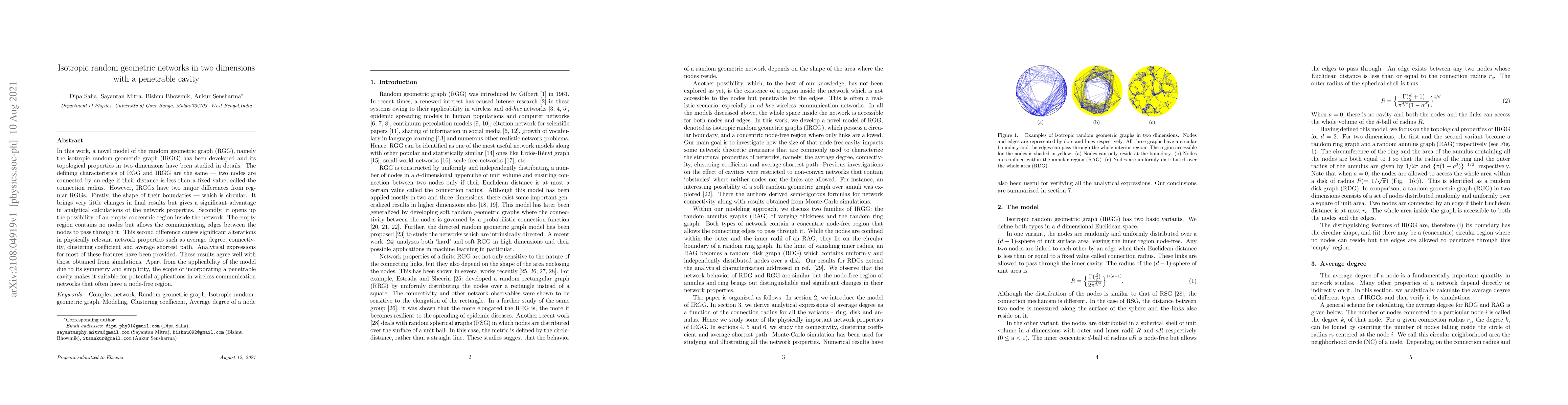 Thumbnail for Isotropic random geometric networks in two dimensions with a penetrable
  cavity