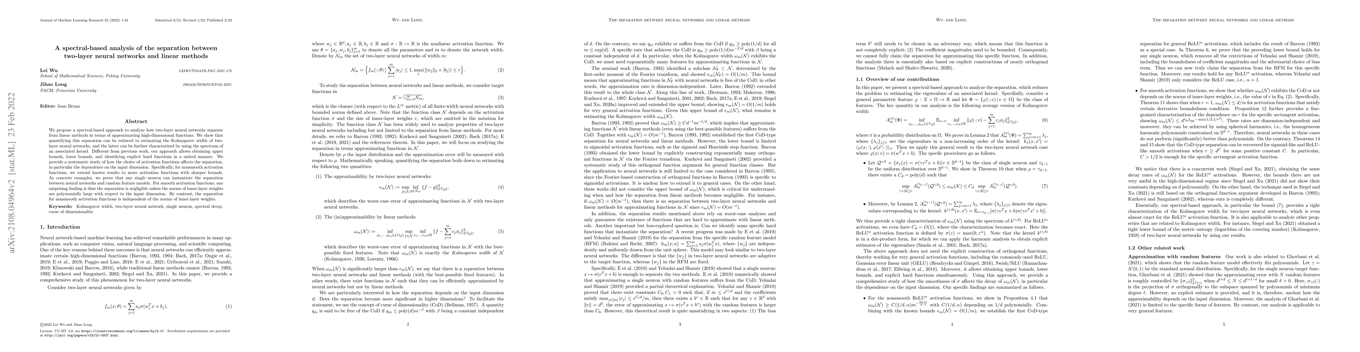 Thumbnail for A spectral-based analysis of the separation between two-layer neural
  networks and linear methods