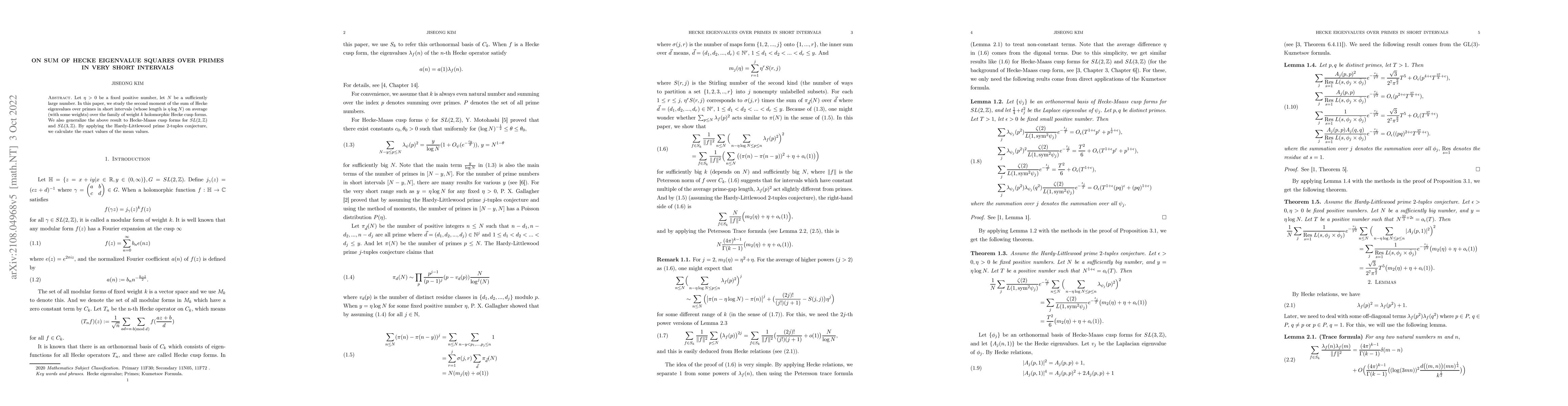 Thumbnail for On sum of Hecke eigenvalue squares over primes in very short intervals
