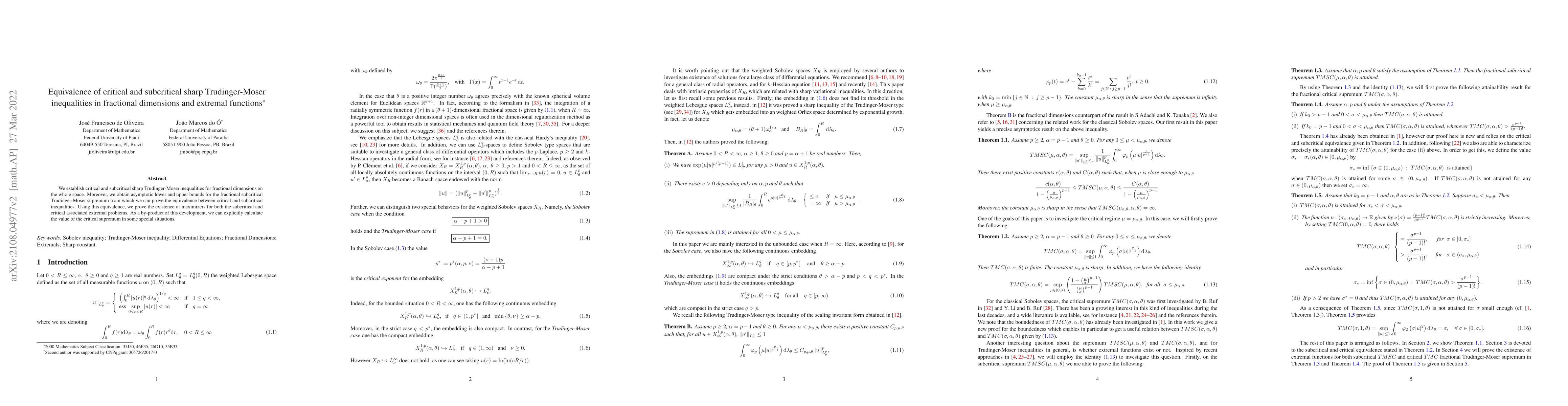Thumbnail for Equivalence of critical and subcritical sharp Trudinger-Moser
  inequalities in fractional dimensions and extremal functions