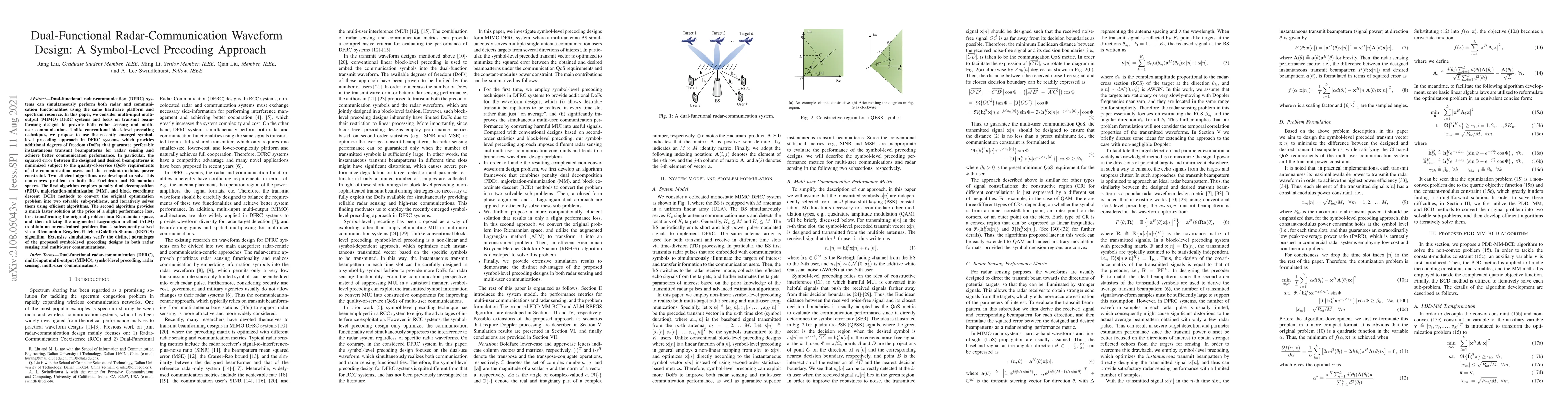 Thumbnail for Dual-Functional Radar-Communication Waveform Design: A Symbol-Level
  Precoding Approach