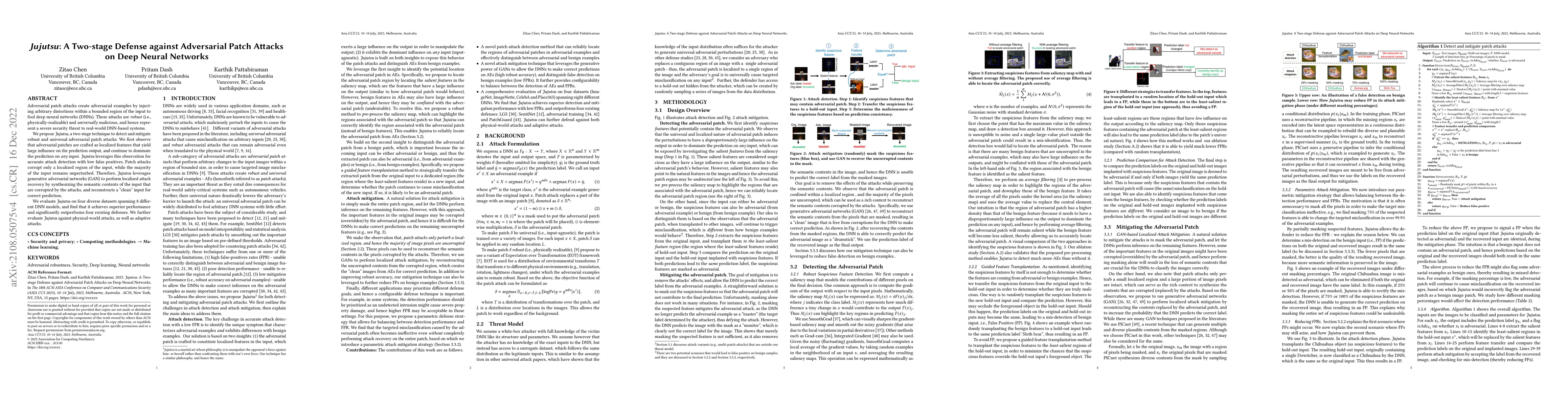Thumbnail for Jujutsu: A Two-stage Defense against Adversarial Patch Attacks on Deep
  Neural Networks