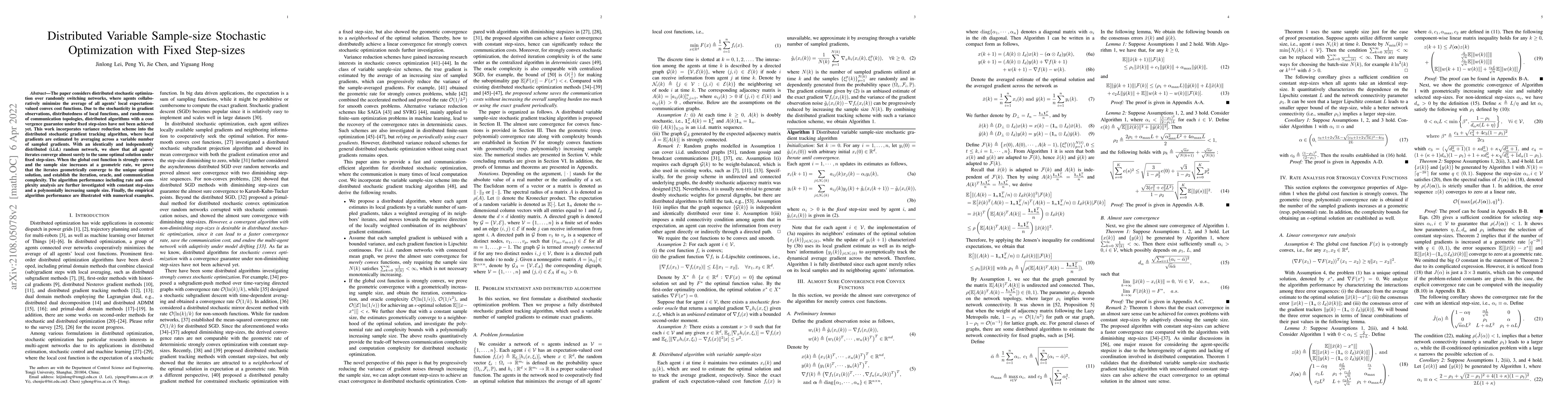Thumbnail for Distributed Variable Sample-size Stochastic Optimization with Fixed
  Step-sizes