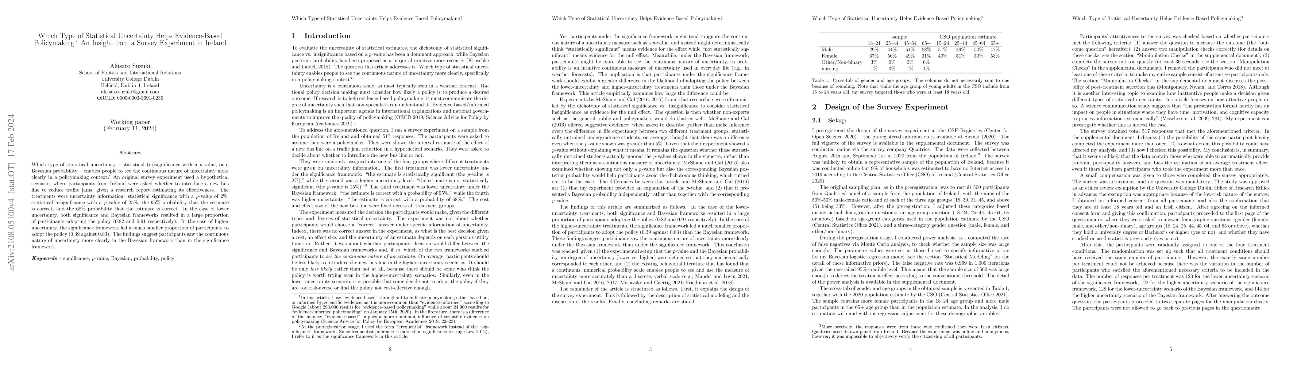 Thumbnail for Which Type of Statistical Uncertainty Helps Evidence-Based Policymaking?
  An Insight from a Survey Experiment in Ireland