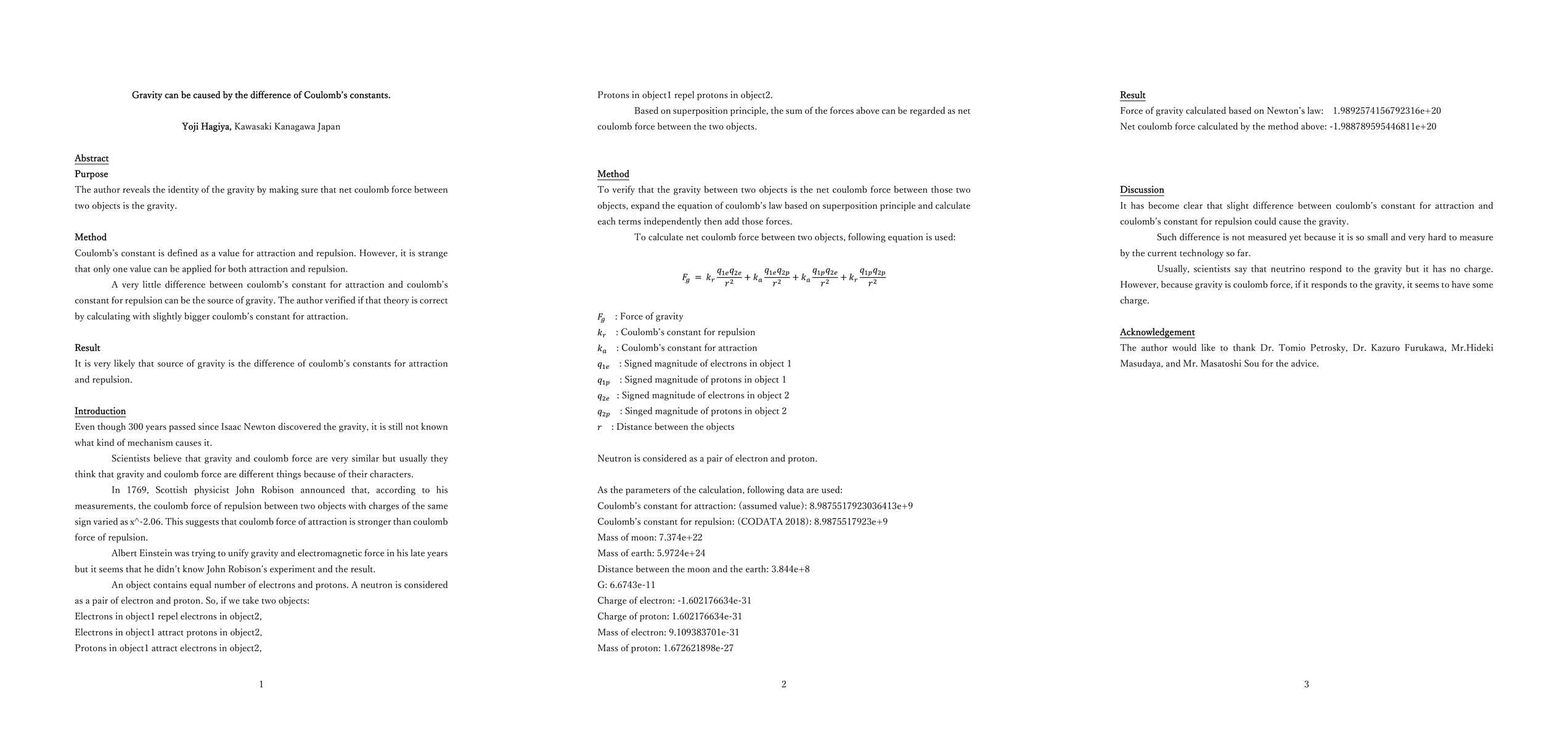 Thumbnail for Gravity can be caused by the difference of Coulomb's constants