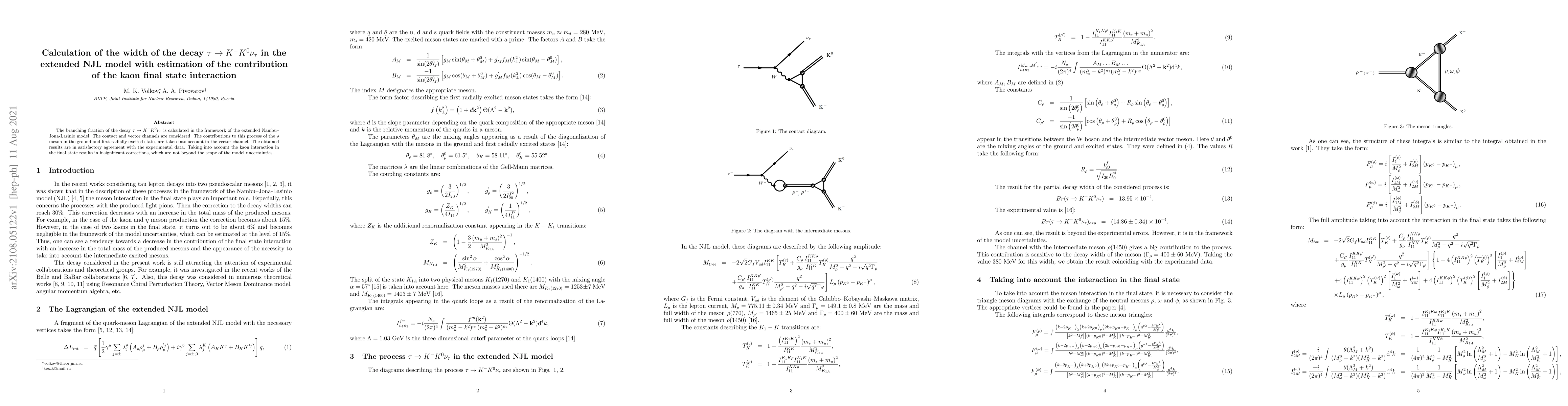 Thumbnail for Calculation of the width of the decay $\tau \to K^{-} K^{0} \nu_{\tau}$
  in the extended NJL model with estimation of the contribution of the kaon
  final state interaction