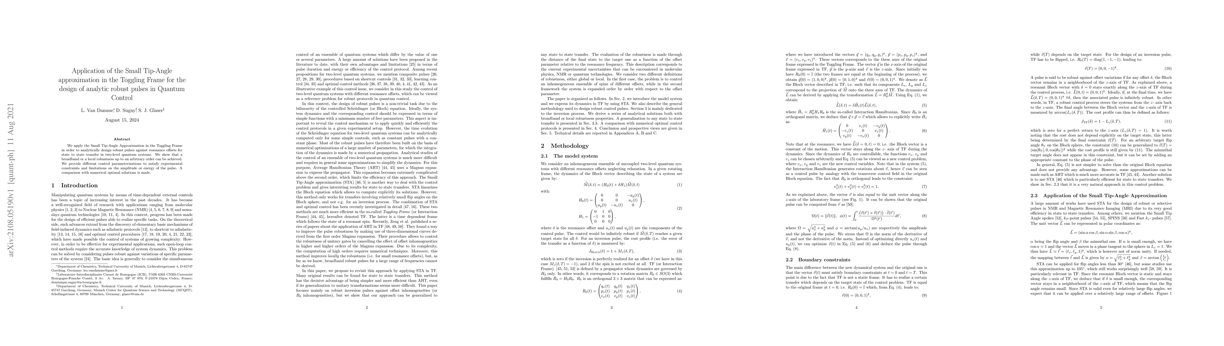 Thumbnail for Application of the Small Tip-Angle approximation in the Toggling Frame
  for the design of analytic robust pulses in Quantum Control
