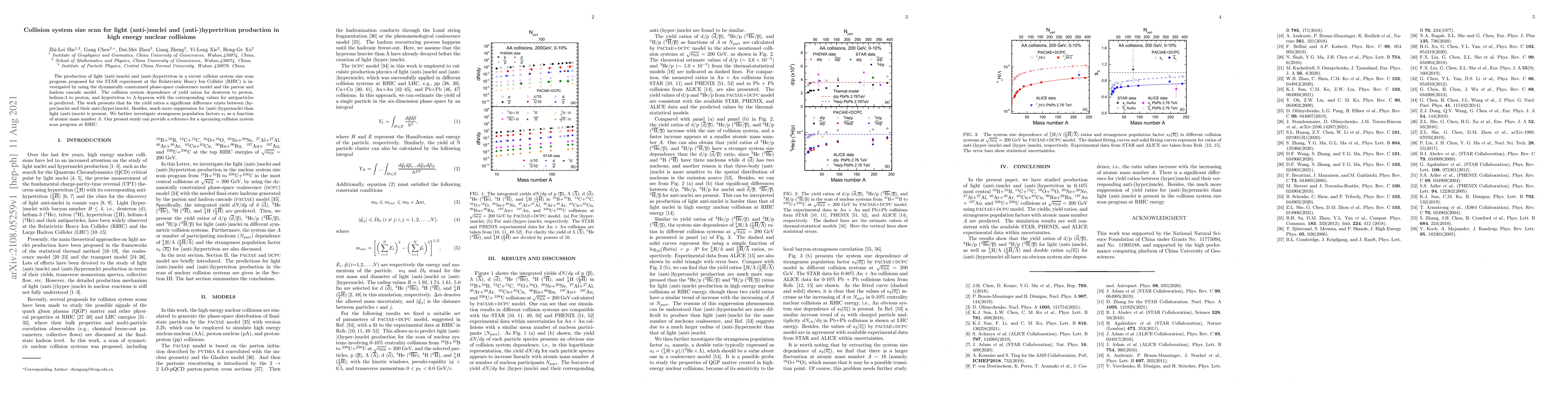 Thumbnail for Collision system size scan for light (anti-)nuclei and
  (anti-)hypertriton production in high energy nuclear collisions
