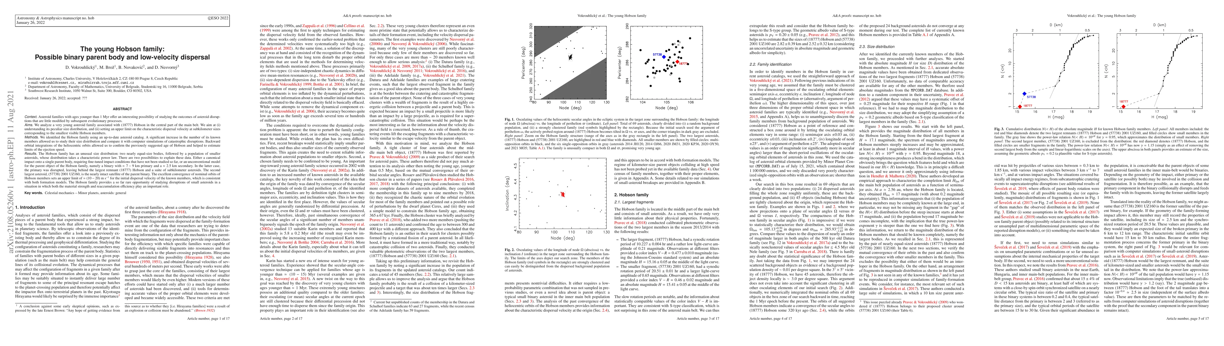 Thumbnail for The young Hobson family: Possible binary parent body and low-velocity
  dispersal