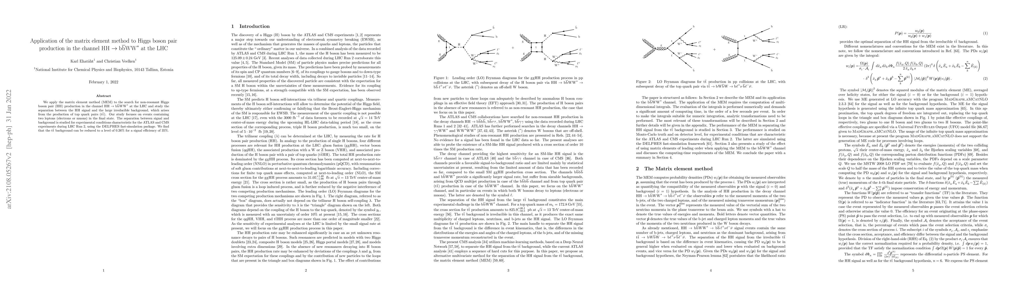 Thumbnail for Application of the matrix element method to Higgs boson pair production
  in the channel $\textrm{HH} \to
  \textrm{b}\bar{\textrm{b}}\textrm{W}\textrm{W}^{*}$ at the LHC