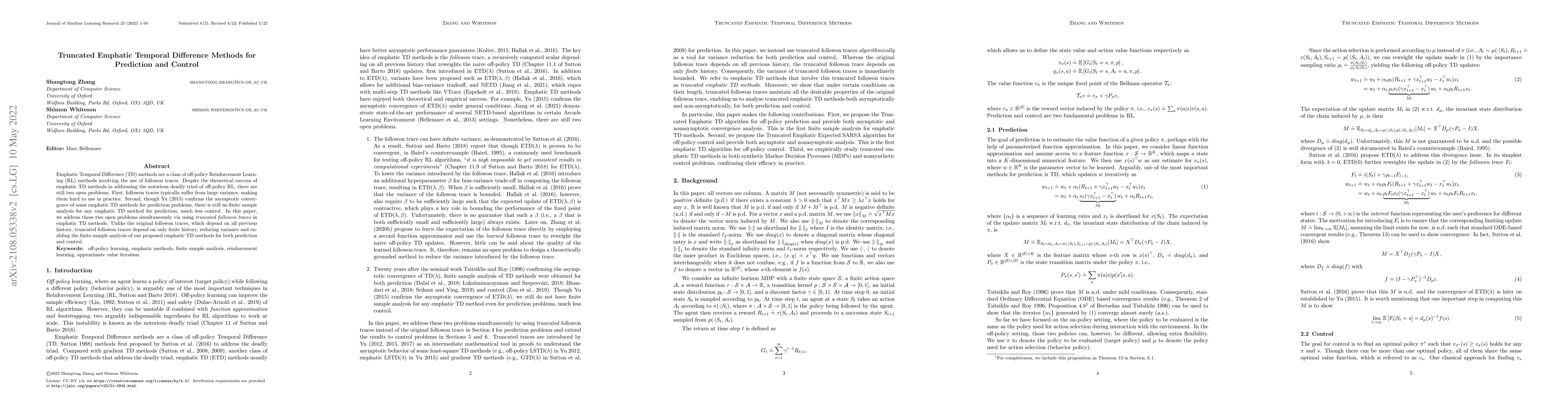 Thumbnail for Truncated Emphatic Temporal Difference Methods for Prediction and
  Control