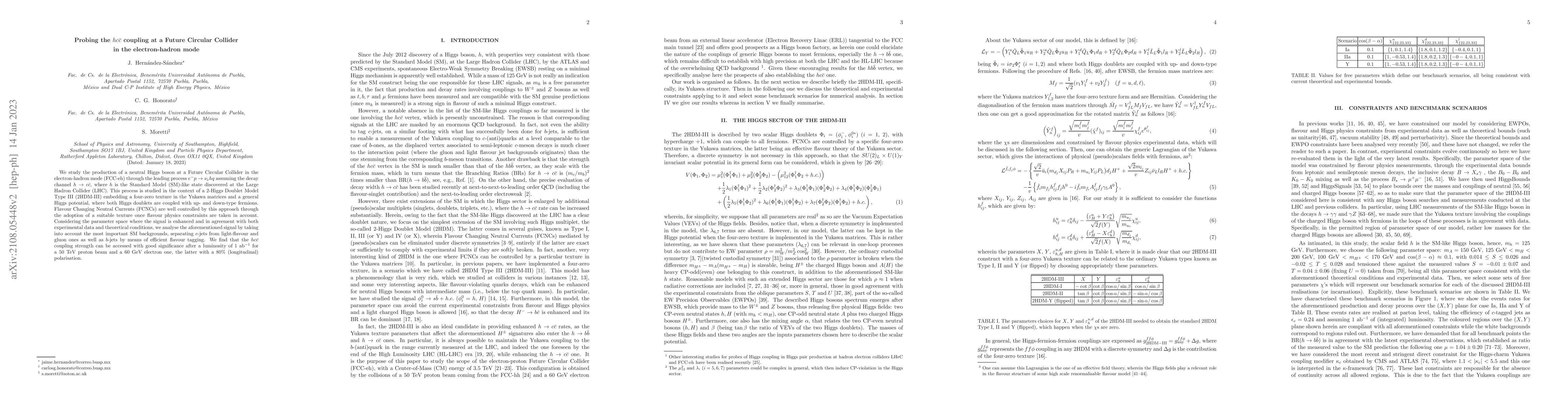 Thumbnail for Probing the $h c\bar{c} $ coupling at a Future Circular Collider in the
  electron-hadron mode