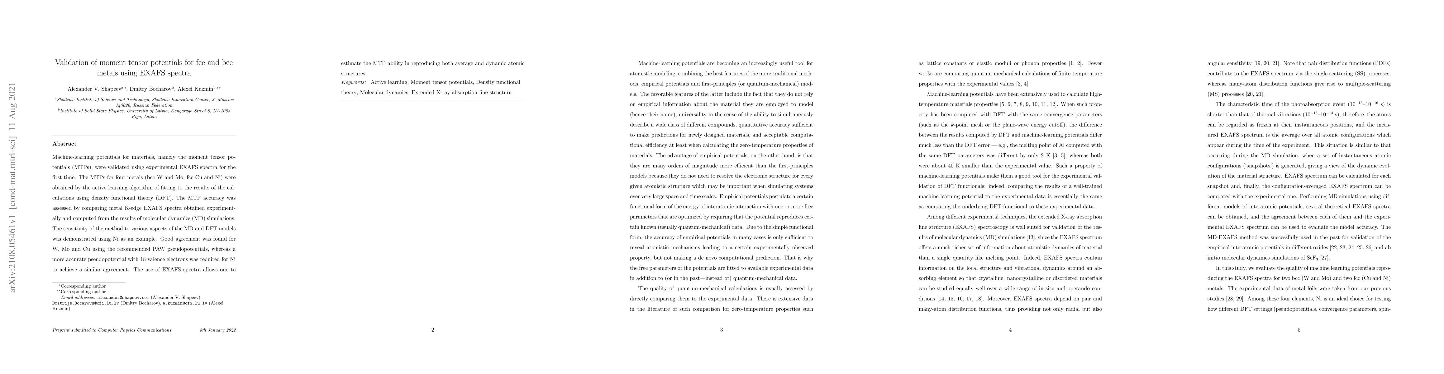Thumbnail for Validation of moment tensor potentials for fcc and bcc metals using
  EXAFS spectra