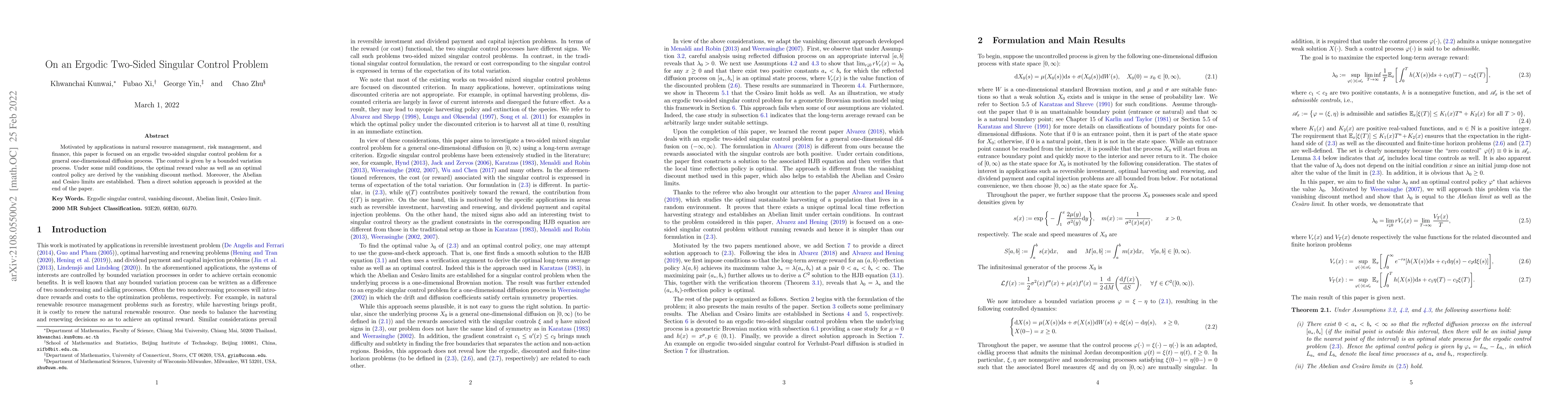 Thumbnail for On an Ergodic Two-Sided Singular Control Problem